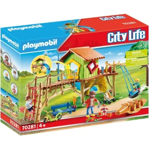 Playmobil 70281 Parc de Jeux et Enfants - avec Quatre Personnages, Un Jeu d’Escalade, Un Toboggan, Une balançoire à Pneu, Un Mur d’Escalade et des Accessoires - Univers Loisirs City Life - Dès 4 Ans