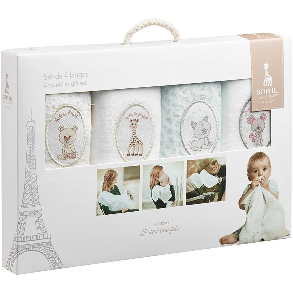 Set de 4 langes lavables Sophie la Girafe - en tissu 100% coton pour bébé - multiples usages - 70 x 70 cm - dès la naissance