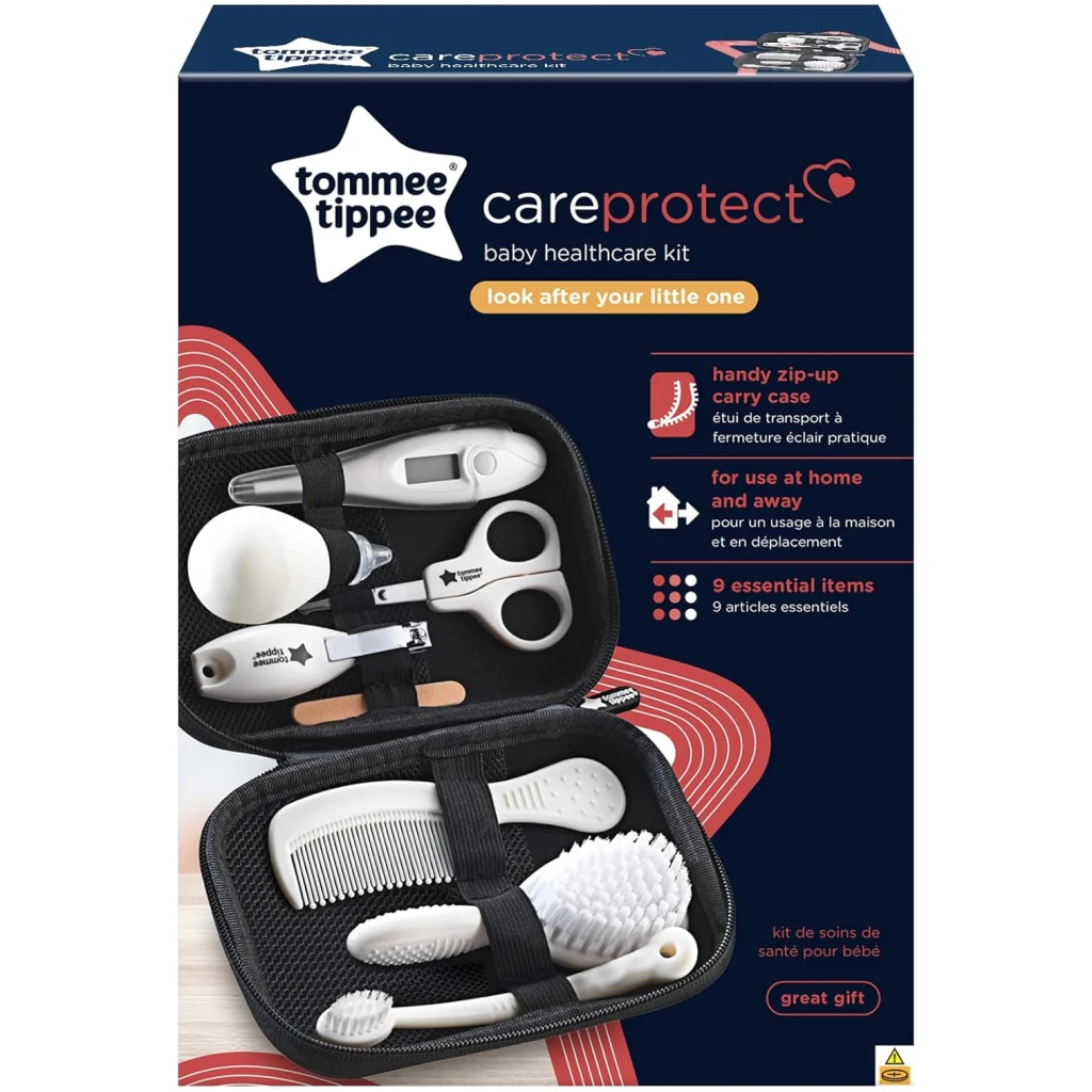 Tommee Tippee Kit de Soins pour Bébé, 9 Articles Essentiels pour Prendre Soin d'un Nouveau-Né, Trousse de Voyage Étanche et Facile à Nettoyer, Design peut varier