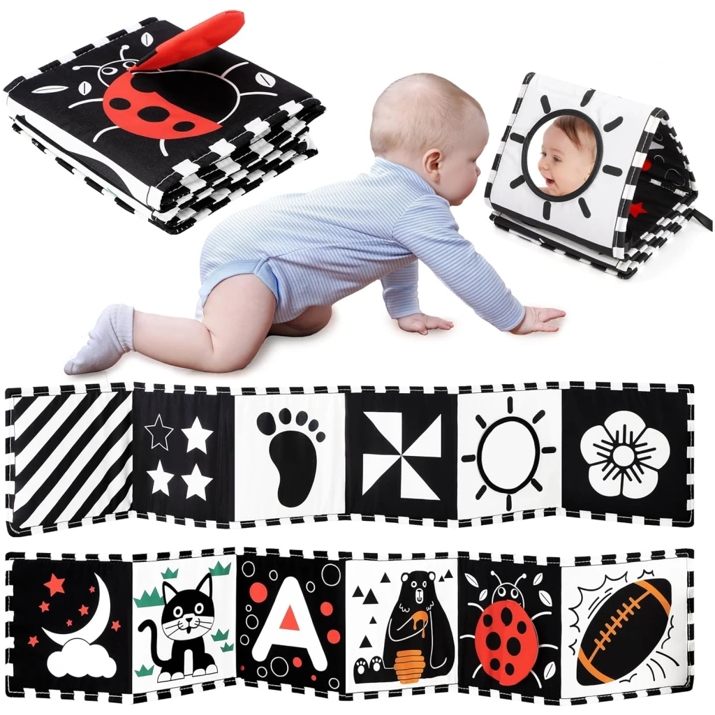 URMYWO Livre Tissu bébé 0-3-6-12 Mois,Livre Noir et Blanc Bébé Montessori,Livre de Haute Contraste en Tissu Sensoriel Bébé Naissance,Jouet eveil Bebe 0-3-6 Mois,Cadeau Parfait pour Bébé