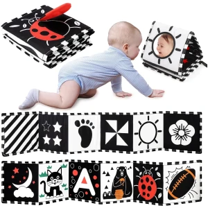 URMYWO Livre Tissu bébé 0-3-6-12 Mois,Livre Noir et Blanc Bébé Montessori,Livre de Haute Contraste en Tissu Sensoriel Bébé Naissance,Jouet eveil Bebe 0-3-6 Mois,Cadeau Parfait pour Bébé