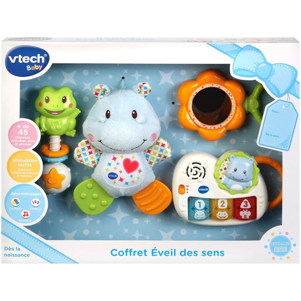 VTech - Coffret Naissance Éveil des Sens Bleu, Premiers Jouets Bébé, Doudou Hippo en Peluche, Piano Lumineux et Interactif, Hochets Grenouille et Miroir, Cadeau Nouveau-Né - Contenu en Français