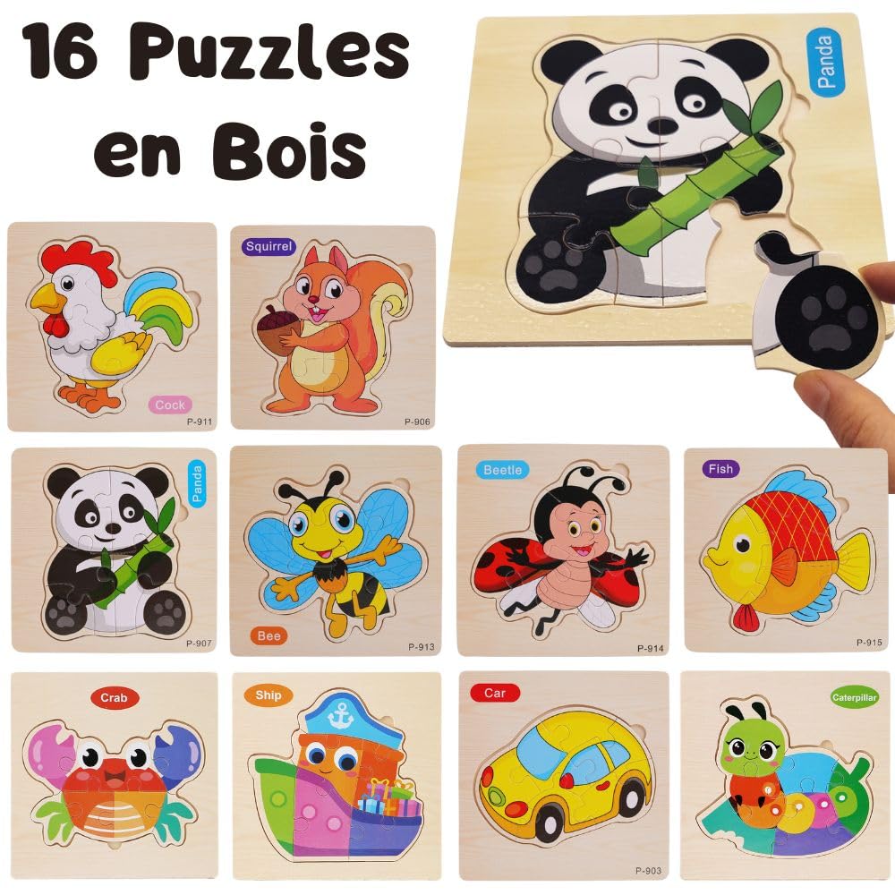 Lot de 16 puzzles en bois EnfantCado animaux – Image 2