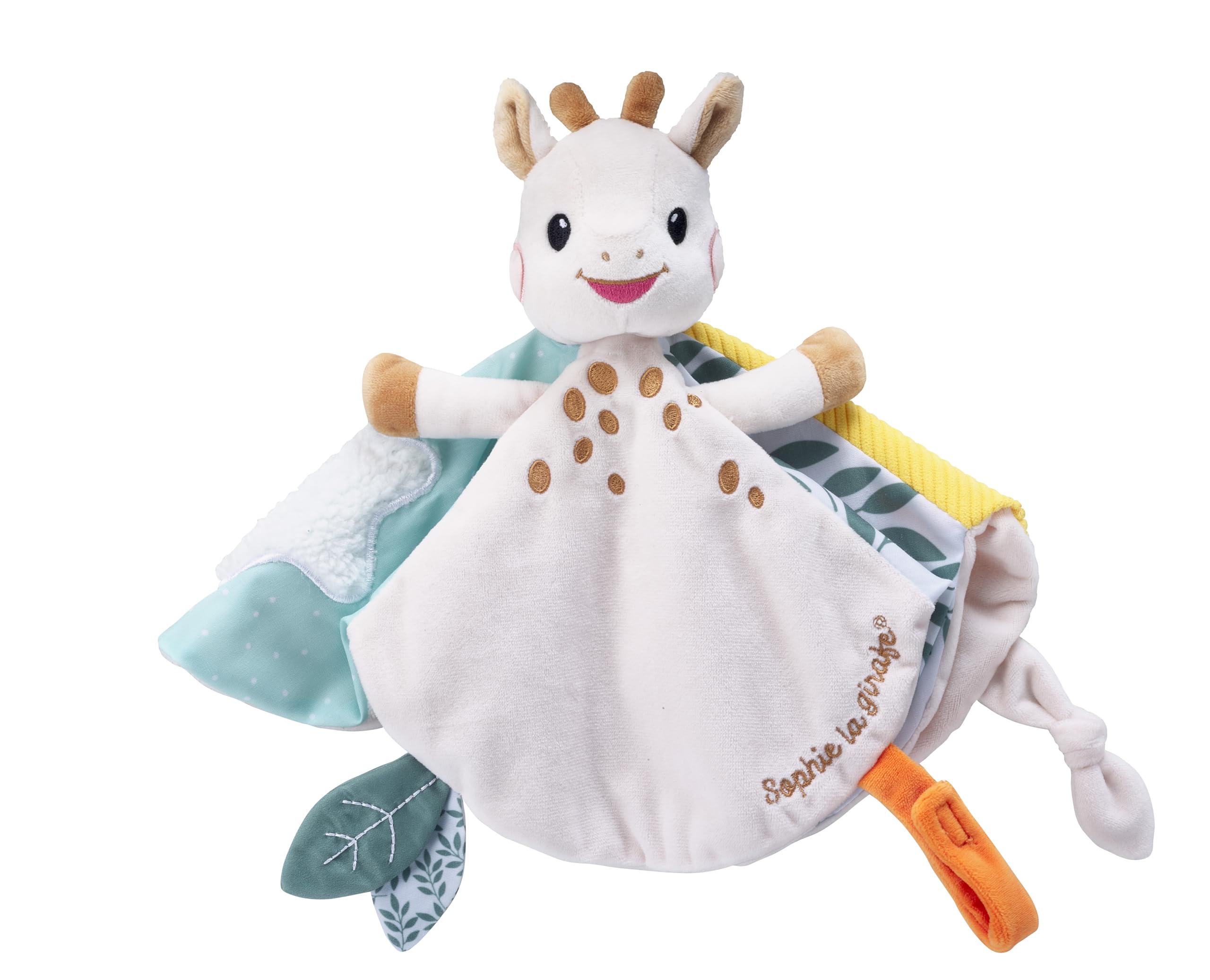 Doudou plat Sophie la Girafe Vulli multitexture avec attache sucette – Image 4