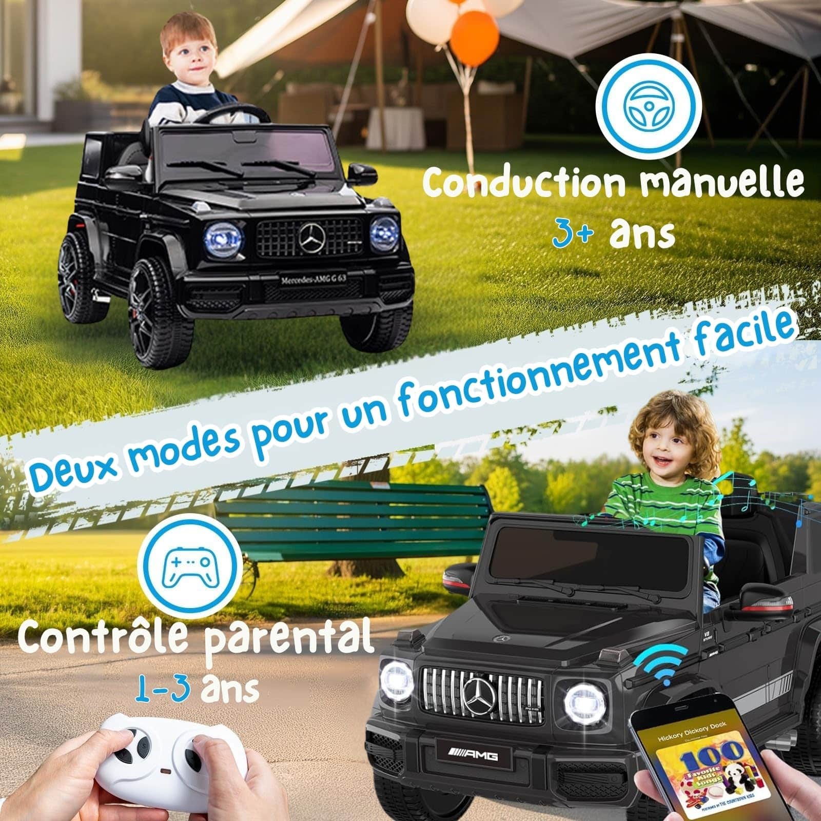 Voiture électrique enfant LALAHO G63 avec télécommande 2.4G, 2 portes, MP3 (Noir) – Image 3