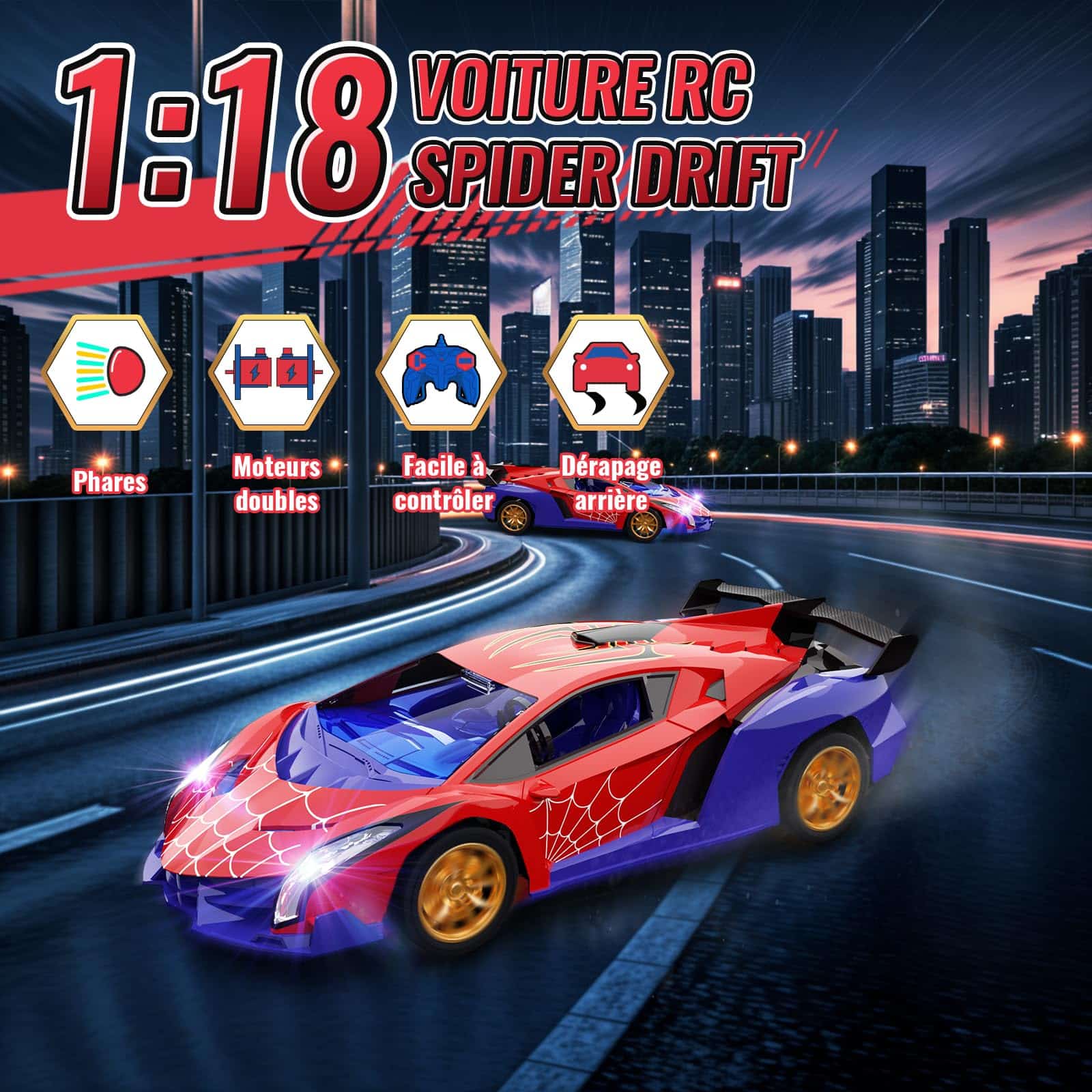 Voiture télécommandée EnfantCado araignée lumineuse drift 1/18 – Image 3