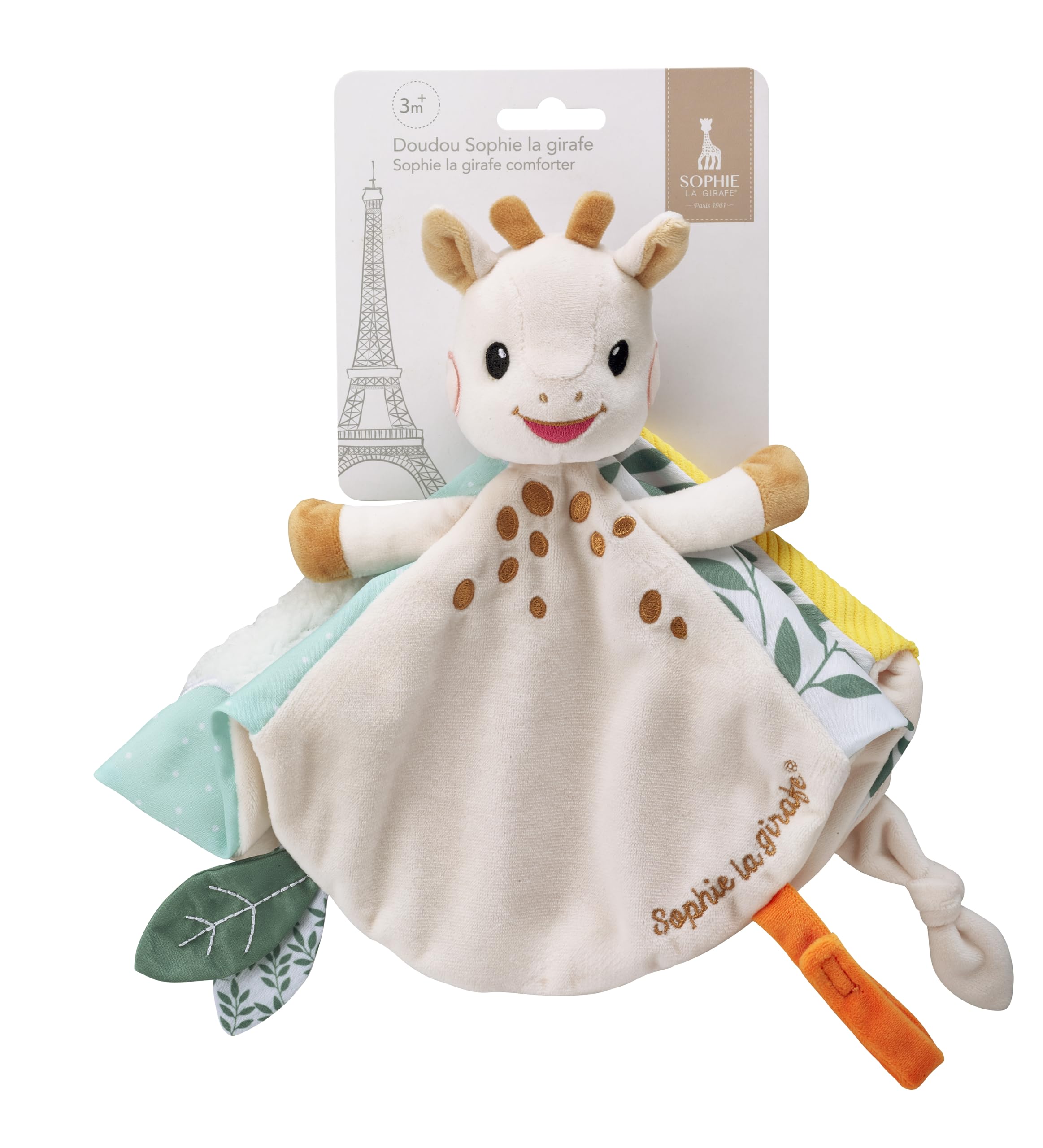 Doudou plat Sophie la Girafe Vulli multitexture avec attache sucette