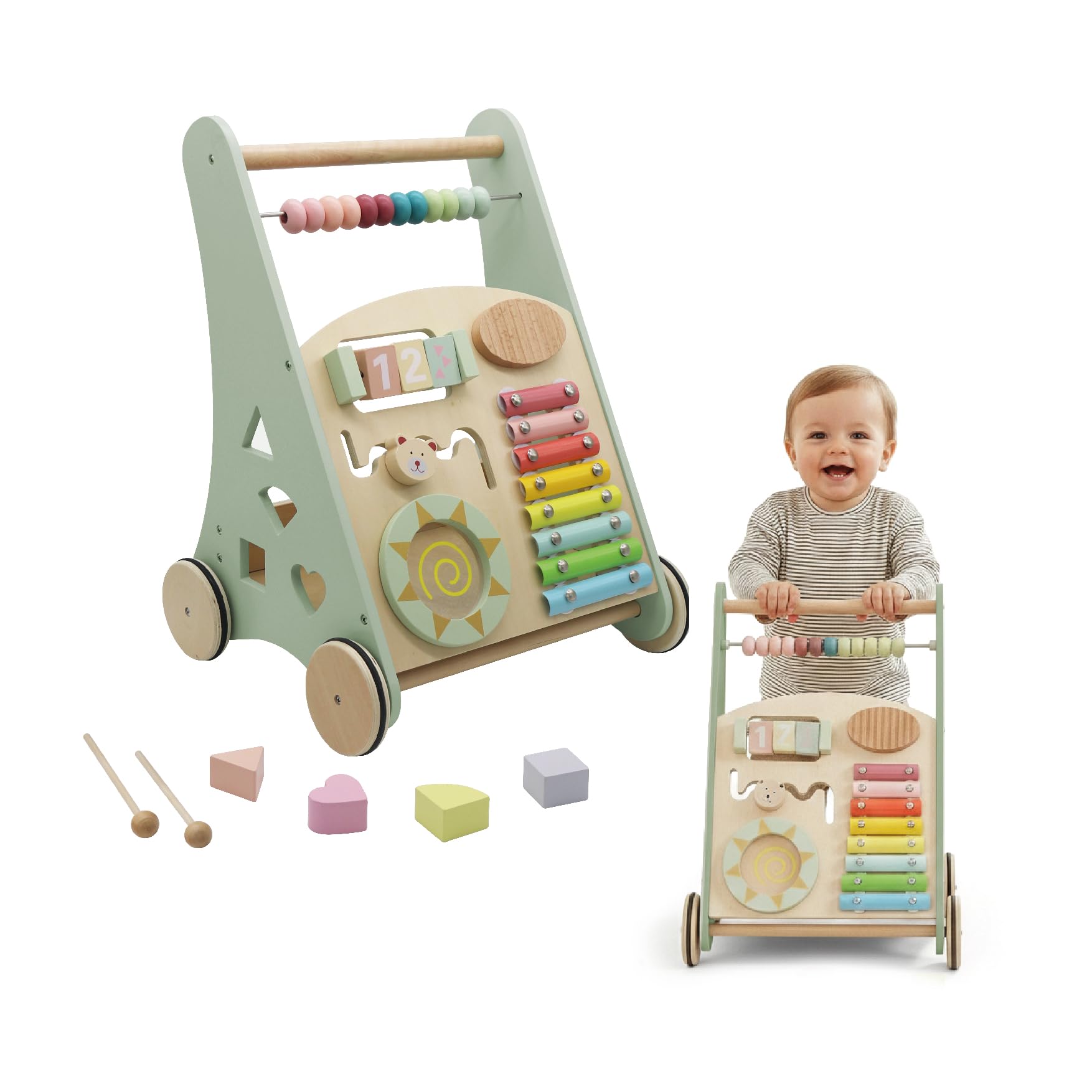 Poussette Montessori BUDDY BABY en bois pour premiers pas avec jouets