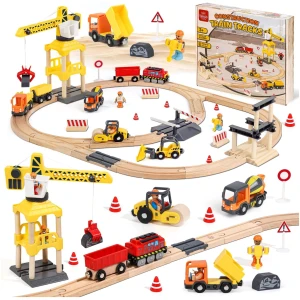 Train en bois électrique EnfantCado 68 pièces avec grue