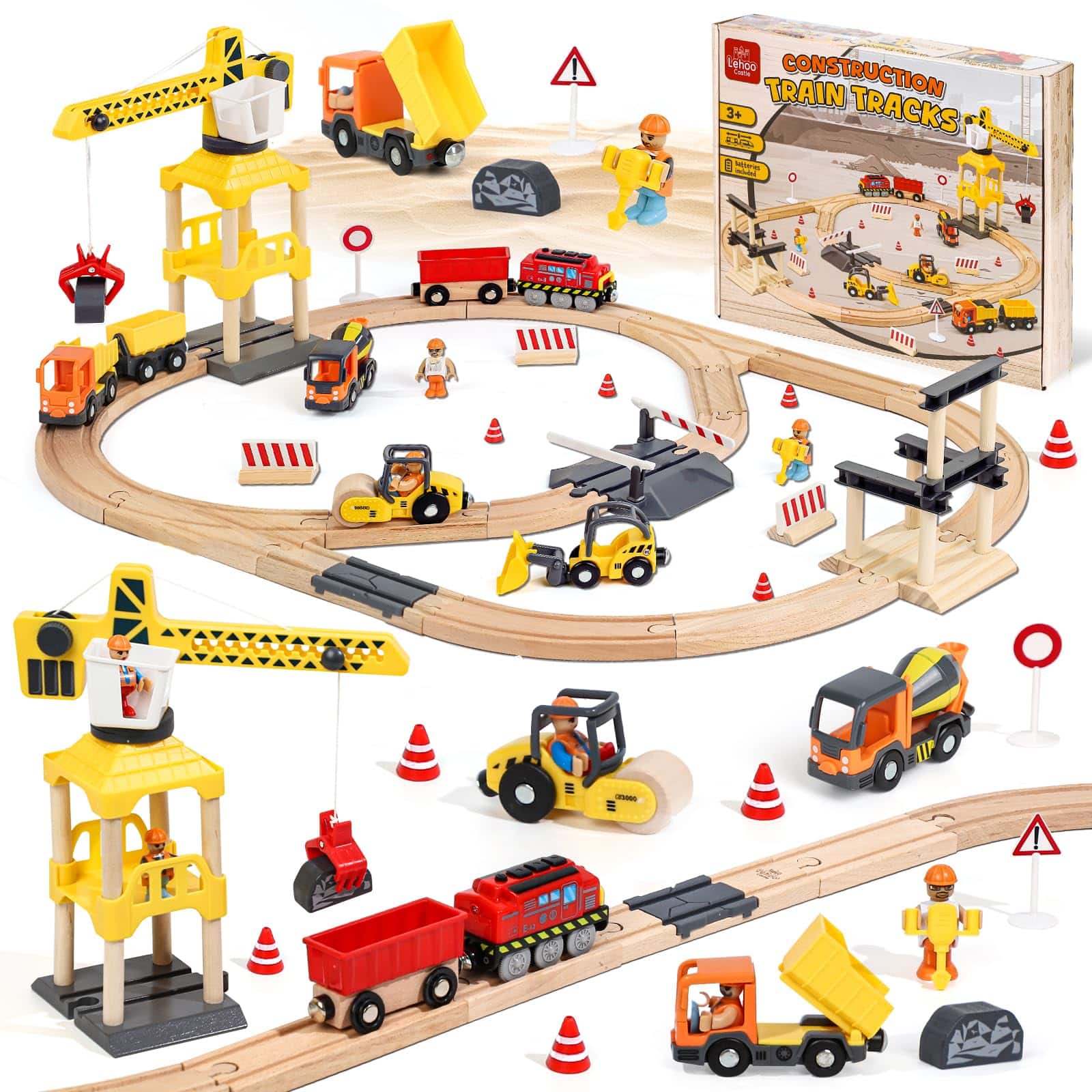 Train en bois électrique EnfantCado 68 pièces avec grue