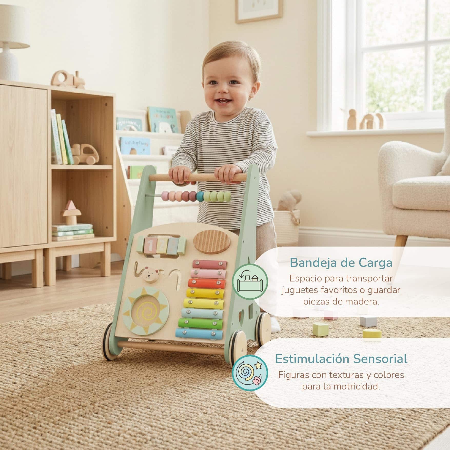 Poussette Montessori BUDDY BABY en bois pour premiers pas avec jouets – Image 2