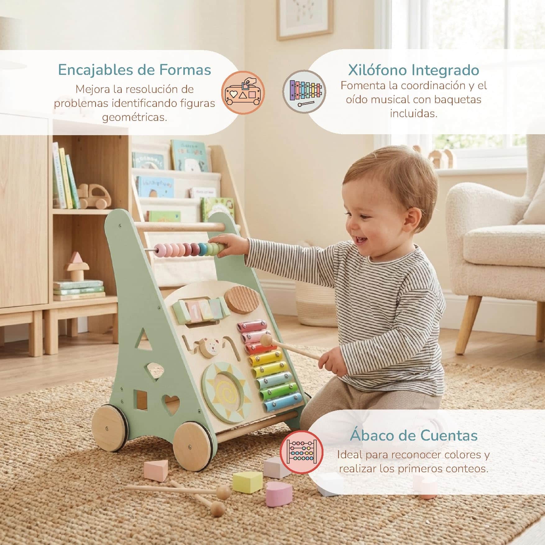 Poussette Montessori BUDDY BABY en bois pour premiers pas avec jouets – Image 3
