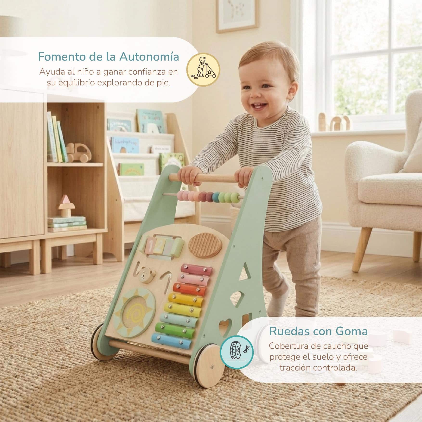 Poussette Montessori BUDDY BABY en bois pour premiers pas avec jouets – Image 5