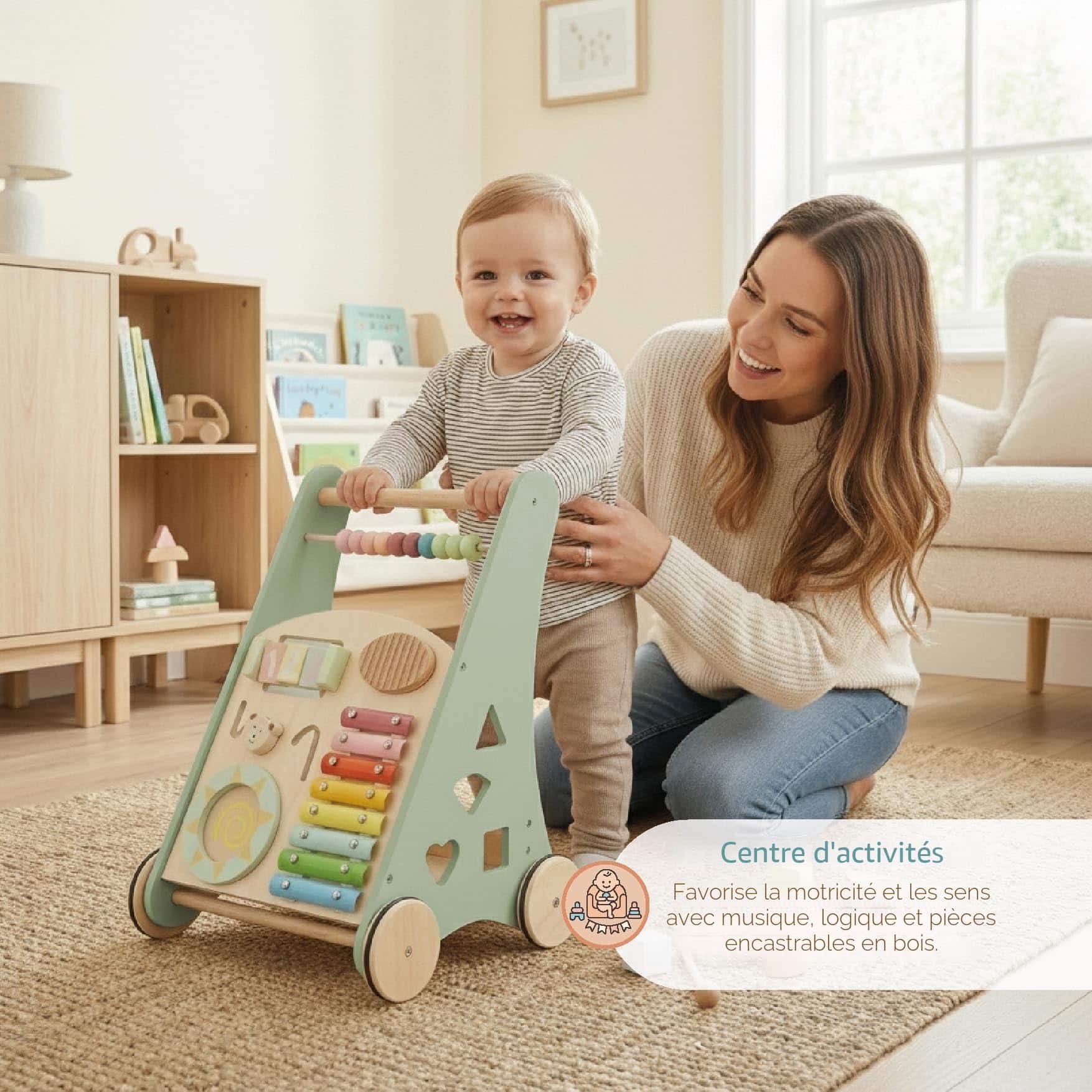 Poussette Montessori BUDDY BABY en bois pour premiers pas avec jouets – Image 4