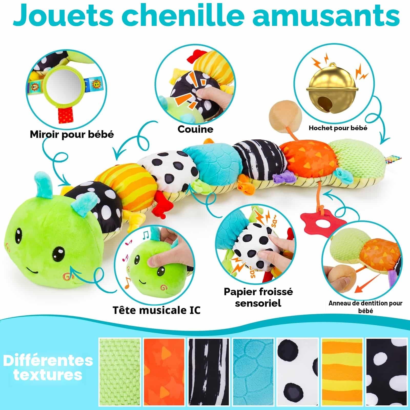 Jouet Peluche Chenille Musicale EnfantCado Montessori 0-6 Mois – Image 3