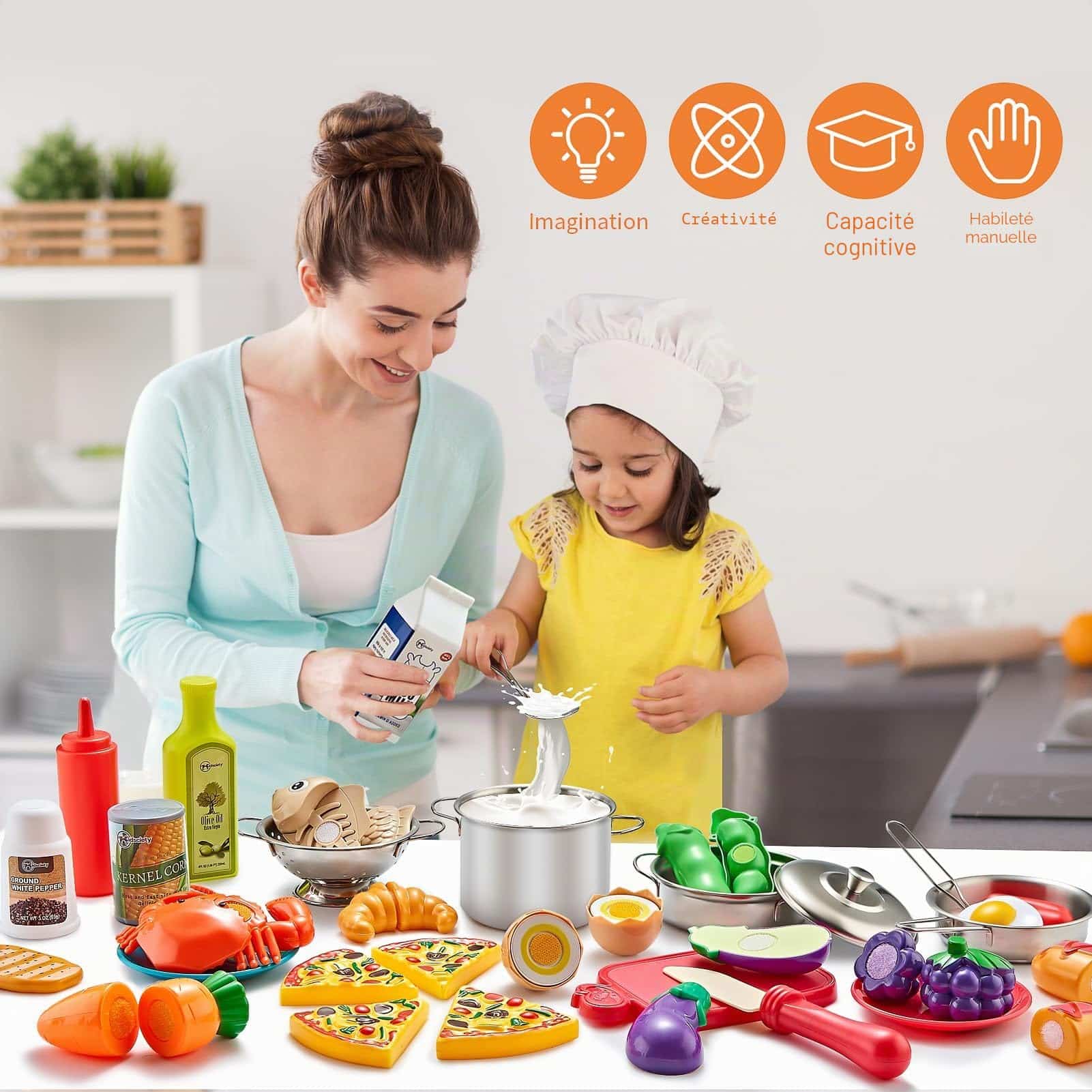 Coffret Cuisine Enfant 52 Pièces - Jeu d'Imitation avec Casseroles Inox et Aliments à Découper – Image 2
