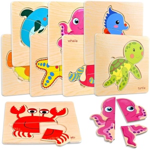 8 Puzzles en Bois EnfantCado Animaux Marins Montessori
