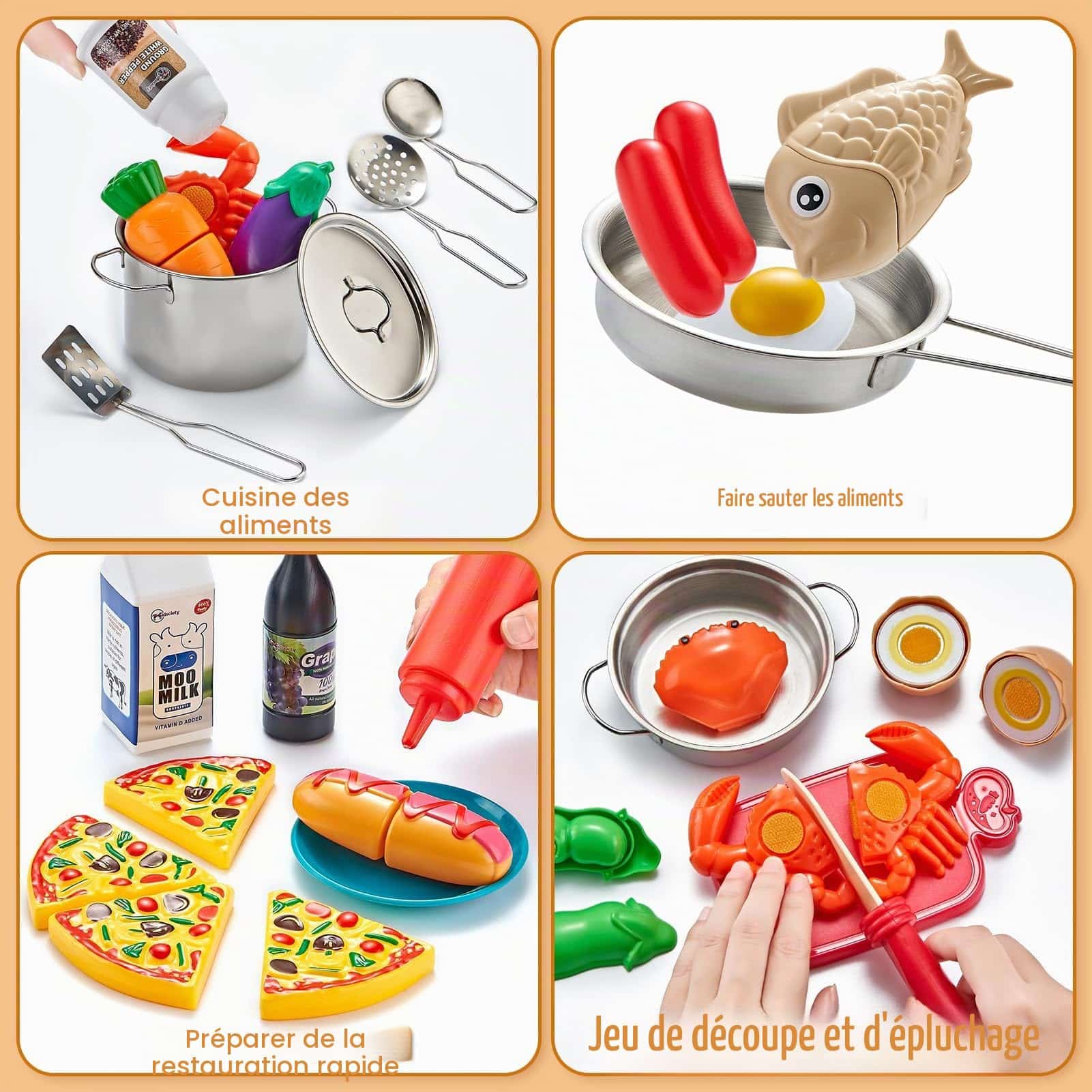 Coffret Cuisine Enfant 52 Pièces - Jeu d'Imitation avec Casseroles Inox et Aliments à Découper – Image 3