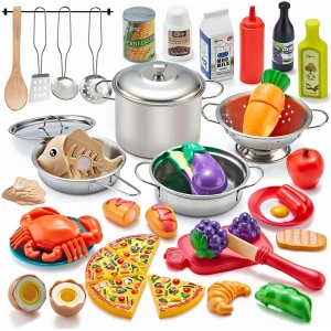 Coffret Cuisine Enfant 52 Pièces - Jeu d'Imitation avec Casseroles Inox et Aliments à Découper