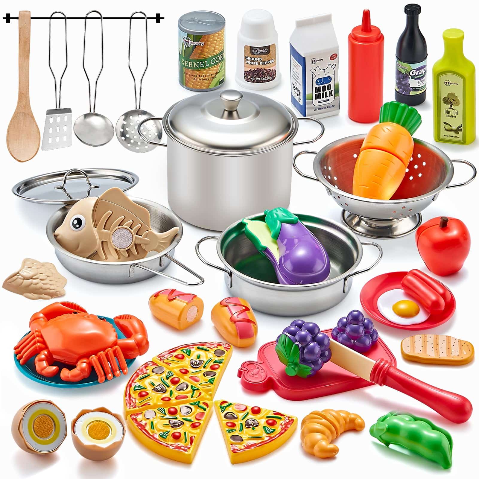 Coffret Cuisine Enfant 52 Pièces - Jeu d'Imitation avec Casseroles Inox et Aliments à Découper