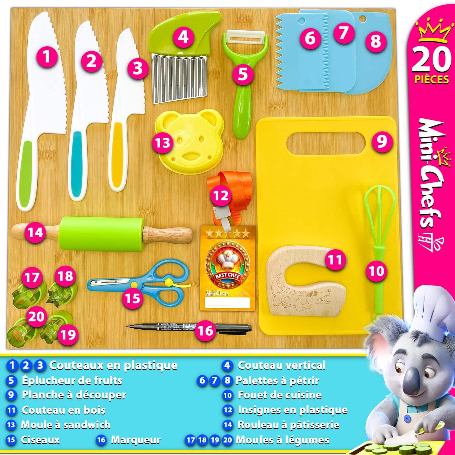 Kit Cuisine Enfant Sécurité Lalfof avec 3 Couteaux et 20 Ustensiles Montessori – Image 2