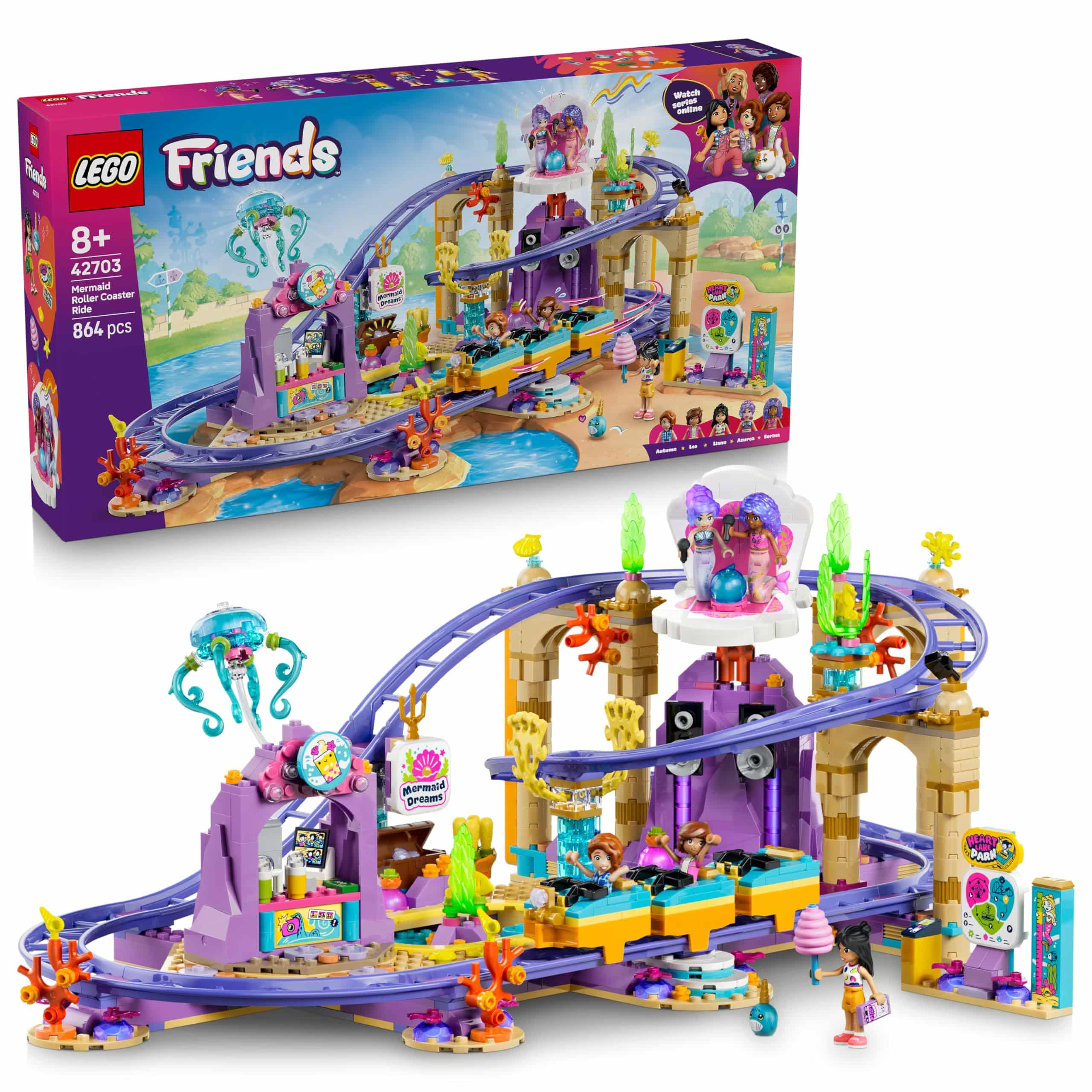 Jeu de construction LEGO Friends Les Montagnes Russes des Sirènes avec 3 wagons et 5 mini-poupées